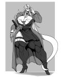  absurd_res big_breasts breasts cleavage clothed clothing elf eyewear female footwear glasses hi_res high_heels humanoid legwear monochrome muscular muscular_female osmar-shotgun prosthetic_hand shoes solo thick_thighs thigh_highs wide_hips 