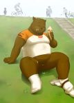  2010 anthro black_nose brown_body brown_fur clothing dessert eyes_closed food fur genitals group humanoid_genitalia humanoid_penis ice_cream kemono male male_focus mammal manya outside overweight overweight_male penis sitting small_penis solo_focus underwear ursid 