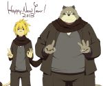  2013 anthro bottomwear canid canine chizu clothing duo hi_res holidays humanoid_hands kemono male mammal new_year overweight overweight_male pants raccoon_dog scarf shirt simple_background tanuki text topwear white_background 
