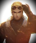  1boy aviator_sunglasses backlighting blonde_hair blue_eyes commentary english_commentary eyewear_on_head fur_collar gloves hair_slicked_back hanny_(nhim) highres jacket leather leather_jacket male_focus solo steve_fox sunglasses tekken tekken_7 