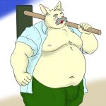  1:1 2020 anthro belly bottomwear bulge clothed clothing humanoid_hands kemono lagomorph leporid male mammal moobs navel nipples obese one_eye_closed open_shirt overweight overweight_male pants pink_nose rabbit shirt solo topwear wink yanaka 