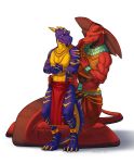  anthro claws clothed clothing dragon duo egyptian_clothing full-length_portrait gold_(metal) gold_jewelry green_eyes hi_res holding_hips horn indrium jewelry loincloth looking_at_another male naga niada piercing portrait purple_body red_body reptile scalie serpentine simple_background smile snake standing white_background yellow_eyes 