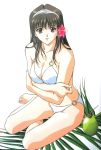  1girl barefoot bikini brown_eyes brown_hair coconut covered_nipples crossed_arms flower hair_flower hair_ornament hairband hibiscus leaf long_hair looking_at_viewer o-ring o-ring_bikini original simple_background sitting smile solo swimsuit white_background white_bikini yokozuwari yoshizane_akihiro 