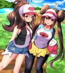  ! 2girls :o arm_behind_back bag bare_shoulders baseball_cap black_legwear black_vest blue_eyes blue_sky blush breasts brown_hair collarbone cowboy_shot denim denim_shorts dirt_road double_bun eyebrows_visible_through_hat grass hair_between_eyes handbag hat highres large_breasts logo long_hair long_sleeves looking_at_viewer mei_(pokemon) mokufuu multiple_girls open_mouth outdoors pantyhose pink_handbag pokemon pokemon_(game) pokemon_bw pokemon_bw2 ponytail river road shirt short_shorts shorts sidelocks sky sleeveless sleeveless_shirt small_breasts smile standing teeth torn_clothes torn_shorts touko_(pokemon) vest visor_cap water white_headwear white_shirt yellow_shorts 