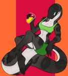  2016 4_toes 5_fingers anthro beverage black_markings blue_sclera breasts clothing colubrid female fingers fivel forked_tongue full-length_portrait green_clothing grey_body grey_scales hi_res lampropeltini long_neck long_tail looking_away markings multicolored_body multicolored_scales non-mammal_breasts orange_juice portrait rat_snake red_background reptile scales scalie simple_background sitting_on_tail snake snout solo toes tongue tongue_out white_body white_scales 