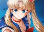  1girl bangs bare_shoulders bishoujo_senshi_sailor_moon blonde_hair blue_eyes blue_sailor_collar blush bow bowtie breasts choker cleavage clenched_teeth cluseller collarbone commentary_request crescent crescent_earrings derivative_work earrings eyebrows_visible_through_hair eyelashes fang from_side hair_ornament heart heart_choker jewelry parted_bangs parted_lips red_choker red_neckwear sailor_collar sailor_moon sailor_moon_redraw_challenge school_uniform screencap_redraw serafuku solo teeth tiara tsukino_usagi twintails twitter_username upper_body 