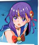  1girl bishoujo_senshi_sailor_moon blue_sailor_collar bow bowtie choker circlet cosplay derivative_work fate/stay_night fate_(series) hair_ribbon heart heart_choker matou_sakura meme purple_eyes purple_hair red_choker red_ribbon ribbon sailor_collar sailor_moon sailor_moon_(cosplay) sailor_moon_redraw_challenge sailor_senshi_uniform screencap_redraw solo tsukamori_shuuji upper_body 