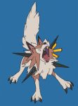  2017 ambiguous_gender blue_background brown_body brown_fur claws digimon eyes_closed fur ghostekey humor lycanroc midday_lycanroc nintendo open_mouth pok&eacute;mon pok&eacute;mon_(species) sharp_teeth simple_background solo spikes teeth toe_claws video_games white_body white_fur yelling 