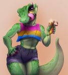  2019 5_fingers ambiguous_gender andromorph_(lore) anthro banana bottomwear claws clothed clothing crop_top eating fingers fivel food fruit green_body green_scales hand_on_hip hi_res hotpants intersex jewelry lgbt_pride lizard long_tail long_tongue looking_at_viewer necklace pansexual_pride_colors pink_background pink_claws plant portrait pride_colors reptile scales scalie shirt shorts simple_background smile snout solo three-quarter_portrait tongue tongue_out topwear yellow_sclera 