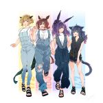  4girls :d animal_ears arknights bangs black_footwear black_hair black_ribbon black_shorts blonde_hair blue_pants blunt_bangs brown_hair casual cat_ears cat_tail catapult_(arknights) character_name collarbone denim full_body green_eyes hair_between_eyes hair_ornament hair_ribbon hairclip height_chart high_ponytail highres holding_hands horns horse_ears jessica_(arknights) long_hair looking_at_another looking_at_viewer multiple_girls open_mouth open_toe_shoes overalls pants pointy_ears ponytail purple_hair red_eyes ribbon rope_(arknights) sandals shirt shizuyoshi short_hair shorts sidelocks signature simple_background sleeveless smile tail toes torn_clothes vanilla_(arknights) white_background white_shirt 