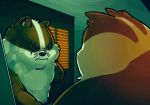  1_eye amputee angry anthro badger badgerclops cartoon_network detailed_background disability frown hi_res looking_at_self male mammal mao_mao:_heroes_of_pure_heart mirror missing_arm mustelid musteline overweight overweight_male scar solo vetiver_n whiskers 