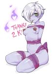  1girl @_@ bound breasts caleana chocolate_on_breasts commentary covered_nipples english_commentary eyebrows_visible_through_hair followers food full_body ghost green_eyes grey_hair hair_over_one_eye heart highres hitodama medium_breasts mouth_hold navel nude original pocky pointy_ears purple_ribbon purple_skin ribbon short_hair simple_background sitting smile solo thank_you transparent white_background 