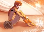  1980s_(style) 1girl beach blurry blurry_background blurry_foreground boots brown_hair dusk hayase_misa helmet jumpsuit long_hair macross macross:_do_you_remember_love? mecha mikimoto_haruhiko_(style) official_style oldschool pilot_suit reflection sad sand science_fiction shiny sitting thinking u.n._spacy variable_fighter vf-1 waeba_yuusee water wreckage 