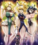  3girls asagiri_gen black_hair blonde_hair blue_dress blue_eyes braid breasts character_request choker cleavage clenched_hand commentary covered_navel covered_nipples dr._stone dress dual_wielding english_commentary extra_breasts green_dress green_eyes grin highres hip_vent holding horns huge_breasts impossible_clothes impossible_dress ishigami_senkuu kohaku_(dr._stone) large_breasts leg_up lips looking_at_viewer multiple_girls pelvic_curtain plump short_sword slender_waist small_breasts smile sword the_golden_smurf twin_braids weapon 