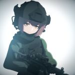  1girl 3d bangs blender_(medium) eyebrows_visible_through_hair gun h&amp;k_mp5 head_tilt helmet highres holding holding_gun holding_weapon light_smile looking_at_viewer original sidelocks soldier solo submachine_gun weapon yasugen_2828 yellow_eyes 