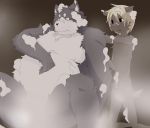  2010 anthro bathing belly canid canine canis chizu dialogue domestic_dog duo fur humanoid_hands kemono male mammal overweight overweight_male sitting white_body white_fur 