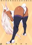  1girl animal_ears ass black_legwear boku_no_hero_academia breasts bunny_ears bunny_tail character_name dark_skin donson highres large_breasts leaning_forward leotard long_hair looking_at_viewer looking_back mirko muscle muscular_female red_eyes smile solo tail thighhighs white_hair white_leotard 
