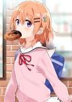  1girl absurdres bag bangs blurry blurry_background blush brick_wall brown_hair cardigan commentary_request day depth_of_field doughnut eyebrows_visible_through_hair food food_in_mouth gochuumon_wa_usagi_desu_ka? hair_between_eyes hair_ornament hairclip highres hoto_cocoa kafuu_chino&#039;s_school_uniform looking_at_viewer mousou_(mousou_temporary) neck_ribbon outdoors pink_cardigan pleated_skirt purple_eyes red_ribbon ribbon sailor_collar school_bag school_uniform serafuku skirt solo white_sailor_collar white_skirt window 