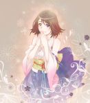  1girl applemac blue_eyes breasts brown_hair closed_mouth commentary_request detached_sleeves final_fantasy final_fantasy_x graphite_(medium) green_eyes hakama heterochromia japanese_clothes jewelry looking_at_viewer necklace short_hair smile solo traditional_media yuna_(ff10) 