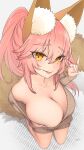  1girl alternate_hairstyle animal_ear_fluff animal_ears blush breasts cleavage collarbone eyebrows_visible_through_hair fate/extella fate/extra fate/grand_order fate_(series) foreshortening fox_ears fox_girl fox_shadow_puppet fox_tail highres large_breasts looking_at_viewer looking_up perspective pink_hair ponytail solo tail tamamo_(fate)_(all) tamamo_no_mae_(fate) tongue uminosobadashi yellow_eyes 