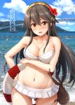  4girls bikini bikini_skirt blush breasts bridge brown_eyes brown_hair carrying cleavage collarbone commentary_request feet flower hair_flower hair_ornament hairband hand_on_hip haruna_(kantai_collection) hat highres i-8_(kantai_collection) ichikawa_feesu innertube kantai_collection large_breasts long_hair looking_at_viewer multiple_girls navel octopus open_mouth sand ship swimsuit very_long_hair wardrobe_malfunction water watercraft wet white_bikini 