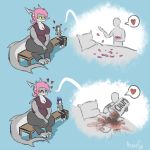  &lt;3 1:1 anthro azserfy bed bench comic dialogue faceless_female faceless_male female female/female fish furniture hair hi_res human humor macro male mammal marine pink_hair shark sitting size_difference slightly_chubby speech_bubble yellow_eyes 