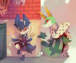  alternate_color building cape card commentary creature english_commentary eye_contact floating gen_5_pokemon gen_6_pokemon looking_at_another no_humans pocket pokemon pokemon_(creature) salanchu serperior shiny_pokemon sylveon yellow_eyes 