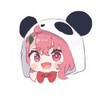  1girl :d ahoge animal_ears animal_hood bangs blush bow bowtie eyebrows_visible_through_hair fake_animal_ears fang grey_hair hair_between_eyes hair_ornament hairclip head hood hood_up looking_at_viewer mole mole_under_eye multicolored_hair nijisanji open_mouth panda_ears panda_hood pink_hair red_eyes red_neckwear sasaki_saku simple_background smile solo soranakidayo streaked_hair thick_thighs thighs virtual_youtuber white_background 