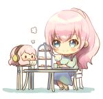  2girls blue_dress blue_eyes blush_stickers chair chibi commentary cup dress headphones holding holding_cup holding_saucer kikuchi_mataha long_hair megurine_luka multiple_girls octopus open_mouth pink_hair ponytail saucer sitting smile solid_oval_eyes symbol_commentary table takoluka tea_party teacup tiered_tray vocaloid white_background 