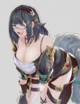  1girl bare_shoulders bent_over black-framed_eyewear black_hair blue_eyes breasts cleavage commentary_request glasses granblue_fantasy grey_background highres illnott jewelry kuruto. large_breasts navel necklace pendant raised_eyebrow signature simple_background smile smug solo thick_thighs thigh_strap thighs 