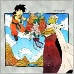  2019 2boys :d black_eyes black_hair blue_footwear blue_sky boots border bouquet breasts cape child cloud cloudy_sky dated day dot_nose dougi dragon_ball dragon_ball_z floating flower frown giving grass green_flower grey_border highres lake leaf medium_breasts messy_hair mountain multiple_boys nature open_mouth orange_flower outdoors outside_border outstretched_arms path piccolo pink_flower pink_rose pointy_ears profile purple_ribbon red_flower red_rose ribbon rose serious sky smile son_gohan standing teeth toritoki_(trig_tkdb) turban upper_teeth water white_cape white_flower white_rose wristband 