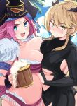  2girls alcohol artoria_pendragon_(all) artoria_pendragon_(lancer_alter) beach beer black_bodysuit black_horns blonde_hair blue_eyes blue_sky blush bodysuit breast_grab breasts facial_scar fate/grand_order fate_(series) francis_drake_(fate) grabbing hat highres horns large_breasts lewdisushi multiple_girls palm_tree pink_hair pirate pirate_hat platinum_blonde_hair ribbed_bodysuit scar sidelocks sky tree underboob yellow_eyes 