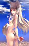  animal_ears apple ass blonde_hair breasts food fruit holding holding_food holding_fruit holo long_hair mikage_sekizai nude small_breasts solo spice_and_wolf tail wolf_ears 