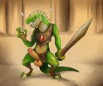  anthro armor balls clothing daftpatriot dinolfos erection humanoid_penis loincloth loincloth_aside male melee_weapon mostly_nude penis reptile retracted_foreskin scalie solo standing sword uncut weapon 