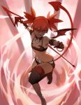 1girl 3four bat_wings choker commentary demon_girl demon_tail demon_wings disgaea elbow_gloves etna flat_chest gloves makai_senki_disgaea mini_wings navel polearm red_eyes red_hair red_wings short_shorts shorts smile solo spear tail thighhighs twintails weapon wings 