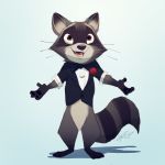  1:1 2020 anthro black_body black_fur blue_background bottomless brown_eyes clothed clothing featureless_crotch fur grey_body grey_fur hi_res mammal open_mouth open_smile pointedfox procyonid raccoon signature simple_background smile solo standing whiskers 
