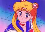  1990s_(style) 1girl bangs bishoujo_senshi_sailor_moon blonde_hair blue_eyes blue_sailor_collar bow bowtie choker claire_belton crescent crescent_earrings derivative_work earrings from_side hair_ornament heart heart_choker jewelry oldschool parted_bangs parted_lips red_choker red_neckwear sailor_collar sailor_moon sailor_moon_redraw_challenge school_uniform screencap_redraw serafuku solo sweatdrop tiara twintails upper_body 