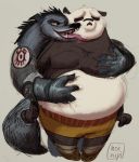  2020 anthro black_body black_fur black_nose boss_wolf bottomwear canid canine canis clothing dreamworks duo eyes_closed fur giant_panda hi_res humanoid_hands kung_fu_panda licking male mammal master_po_ping noinipi overweight overweight_male shorts simple_background tongue tongue_out ursid white_body white_fur wolf 