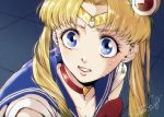  1girl alracoco artist_name bangs bare_shoulders bishoujo_senshi_sailor_moon blonde_hair blue_eyes blue_sailor_collar blush bow bowtie breasts choker circlet cleavage clenched_teeth collarbone commentary commentary_request crescent crescent_earrings derivative_work earrings eyebrows_visible_through_hair eyelashes from_side hair_ornament heart heart_choker highres jewelry long_hair parted_bangs red_choker sailor_collar sailor_moon sailor_moon_redraw_challenge sailor_senshi_uniform school_uniform screencap_redraw serafuku signature solo sweatdrop teeth tsukino_usagi twintails upper_body 