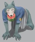  2020 5_fingers all_fours anthro artist_name beastars black_nose canid canine canis choc0chu claws clothed clothing fingers food fruit humor legoshi_(beastars) looking_at_viewer male mammal melon meme plant simple_background solo watermelon wolf 