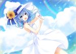 1girl artist_name bangs bare_arms binato_lulu blue_eyes blue_hair cloud cloudy_sky commentary_request dress dress_lift eyebrows_visible_through_hair floating_hair flower flower_request hair_between_eyes hat holding holding_flower hololive hoshimachi_suisei light_particles light_rays long_hair looking_at_viewer ocean open_mouth sidelocks sky sleeveless sleeveless_dress solo sun_hat sundress sunflower white_dress 
