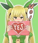  1girl bangs blonde_hair blush breasts cleavage cleavage_cutout elf green_background green_eyes hair_ribbon heart hiroshima_mikan holding holding_pillow large_breasts long_hair looking_at_viewer open_mouth pillow pointy_ears ribbon sennen_sensou_aigis simple_background solo speech_bubble spica_(sennen_sensou_aigis) twintails upper_body very_long_hair 