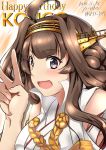 1girl ahoge brown_eyes brown_hair commentary_request detached_sleeves double_bun hairband happy_birthday headgear highres japanese_clothes kantai_collection kongou_(kantai_collection) long_hair looking_at_viewer popped_collar remodel_(kantai_collection) ribbon-trimmed_sleeves ribbon_trim smile solo upper_body v yo-suke 