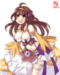  1girl ahoge artist_logo black_eyes breasts brown_hair cleavage commentary_request cosplay cowboy_shot dated double_bun flower flower_knight_girl hair_flower hair_ornament highres kanon_(kurogane_knights) kantai_collection kongou_(kantai_collection) large_breasts leaning_forward lifted_by_self long_hair looking_at_viewer midriff navel osteospermum_(flower_knight_girl) osteospermum_(flower_knight_girl)_(cosplay) simple_background skirt skirt_lift smile solo white_background white_skirt yellow_neckwear 