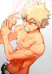  1boy abs bakugou_katsuki bangs bara bare_arms bare_shoulders blonde_hair boku_no_hero_academia bomb bruise collarbone fighting_stance from_above gradient gradient_background injury looking_at_viewer male_focus muscle navel no_nipples pants red_eyes shirtless simple_background spiked_hair steam teeth tsudoo 