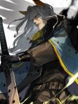  1boy arknights beard black_gloves facial_hair from_below gloves head_wings hellagur_(arknights) highres long_hair looking_at_viewer male_focus mustache nima_(niru54) solo sword upper_body weapon white_hair yellow_eyes 