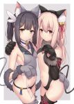  2girls animal_ear_fluff animal_ears arata_(xin) asymmetrical_docking bangs bare_shoulders bell black_hair black_leotard blonde_hair blush border breast_press breasts brown_eyes cat_ears cat_tail center_opening closed_mouth crop_top elbow_gloves fate/kaleid_liner_prisma_illya fate_(series) feathers gloves grey_background hair_feathers highres illyasviel_von_einzbern jingle_bell leotard light_smile long_hair looking_at_viewer miyu_edelfelt multiple_girls navel panties paw_gloves paws red_eyes small_breasts tail thighs twintails underwear white_border 