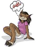  anthro bacon blizzard_entertainment bodily_fluids breasts brown_body brown_fur canid canine claws clothing diaper drooling fangs female food fur hair kalida mammal meat saliva shirt sitting solo thought_bubble topwear video_games warcraft were werecanid worgen 