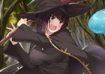  1girl bangs battle black_cape black_dress black_hair black_headwear blush breasts cape cccpo day dress eyebrows_visible_through_hair hat holding holding_staff large_breasts long_sleeves multicolored_hair open_mouth original outdoors purple_eyes purple_hair short_hair slime solo staff tree two-tone_hair upper_body witch witch_hat 