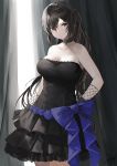  1girl bangs bare_shoulders black_dress black_gloves black_hair blue_bow blue_flower blue_rose bow breasts cleavage closed_mouth collarbone cowboy_shot curtains dress fishnets flower gloves haori_iori highres large_bow large_breasts layered_dress long_hair looking_at_viewer one_side_up original red_eyes rose signature solo strapless strapless_dress translation_request very_long_hair 